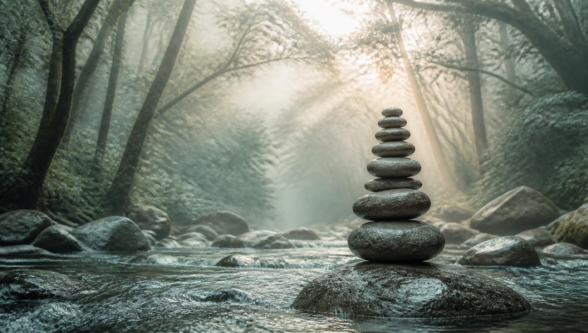 Smooth river stones balanced in a misty forest stream
